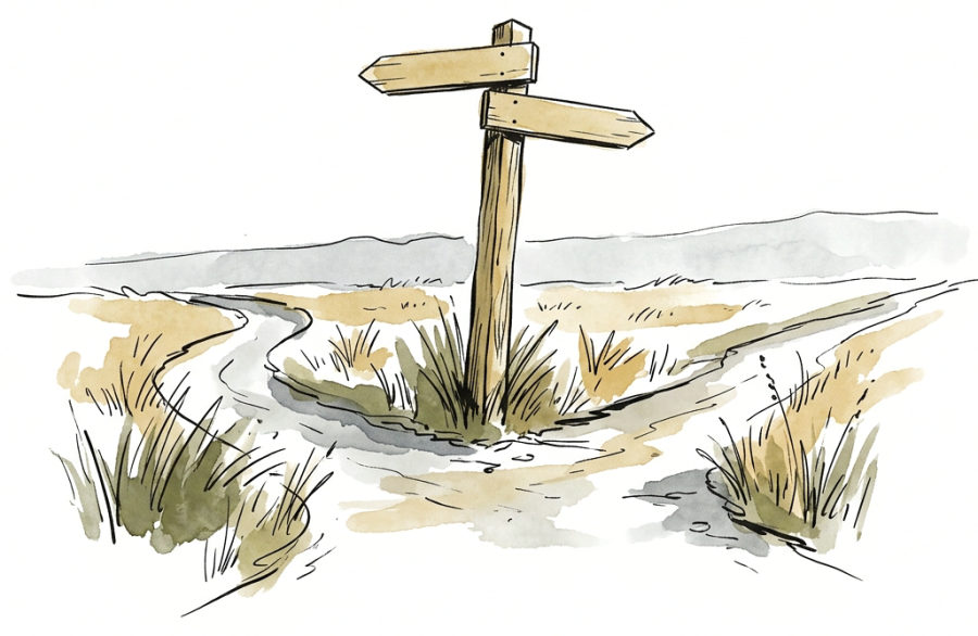 A wooden signpost where two tussock tracks part.