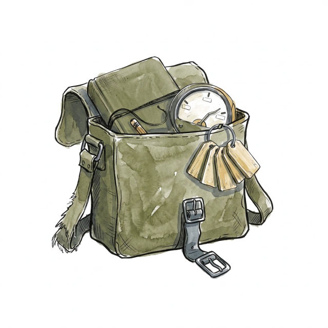 A worn canvas satchel with a notebook, pencil, dial and a ring of wooden tags hanging from its rim.