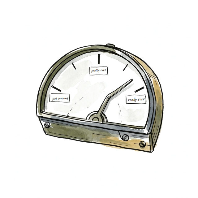 A hand-drawn dial with three stops: just guessing, pretty sure, really sure. The needle sits between the last two.
