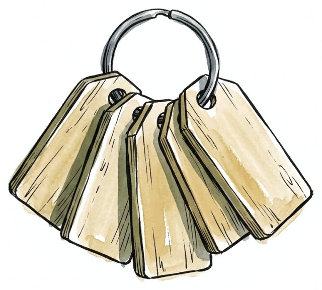 Five small wooden tags fanned out on a metal ring.