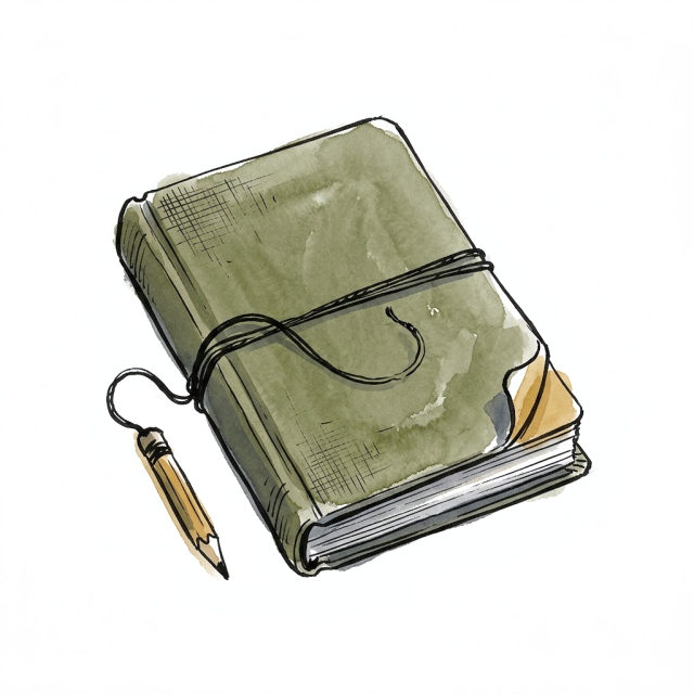 A cloth-covered notebook wrapped in string, a stub of pencil tied on, one corner dog-eared.